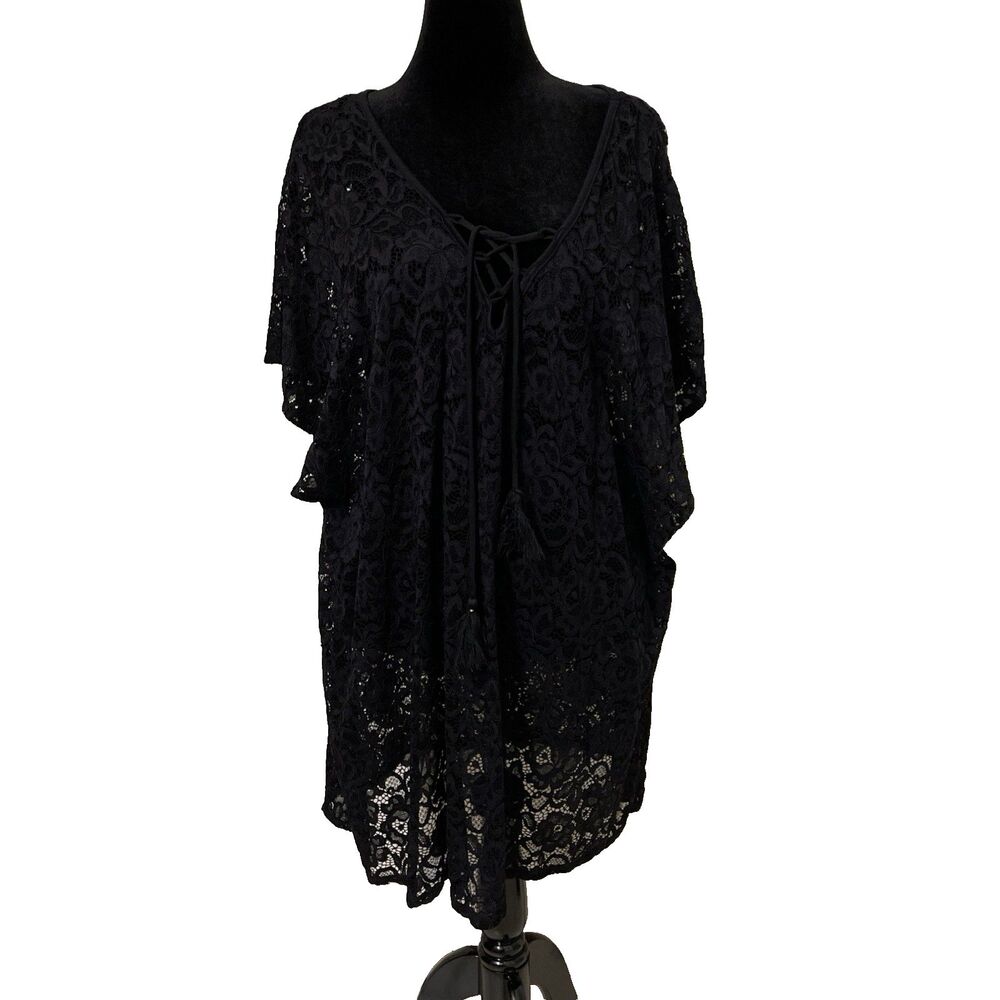 Time & Tru Black Floral Lace Swimsuit Cover Up Dress 3X 24W-26W Tassel Lace Up